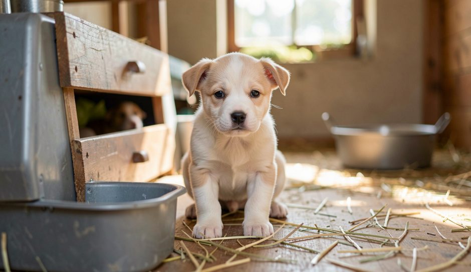 Document généalogique plié posé sur une table de bois à côté d’un carnet de santé canin et d’un stylo, lumière de fenêtre latérale